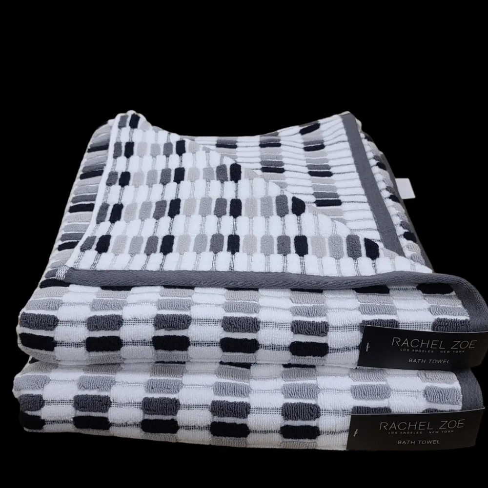 8pc Rachel Zoe Mosaic 100% Cotton Bath Hand Washcloth Towel Set Black White Gray